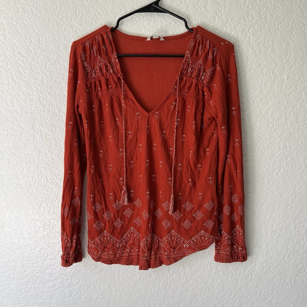 Red Blouse Tunic Top Tassel V-Neck Tie Pullover Boho